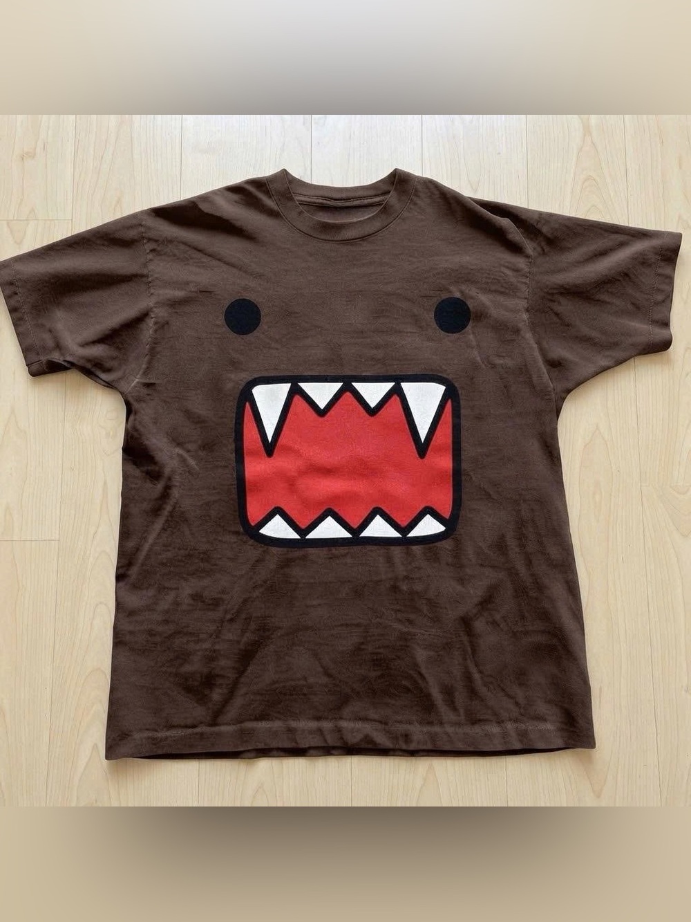 Vintage Brown Short Sleeve Tee with Red Monster Mouth Graphic